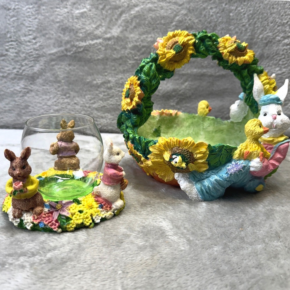 Easter Bunny Sunflower Resin Basket and Votive Candle Holder Spring Lot 2 Vtg.